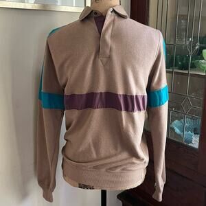 Vintage Peter England Polo Sweater Size S Tan Purple Turquoise Colorblock Men